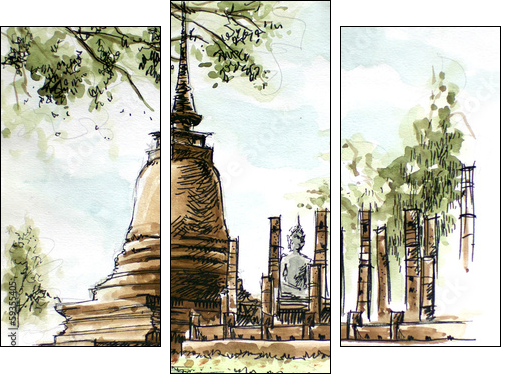 thailand ancient  temple water color painting - Three-piece canvas print, Triptych