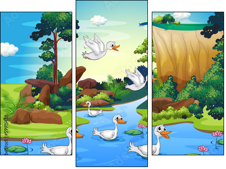 A group of ducks at the river in the forest - Three-piece canvas print, Triptych
