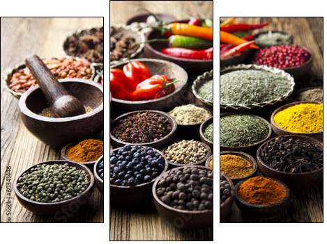 Spices on wooden bowl background  - Three-piece canvas print, Triptych
