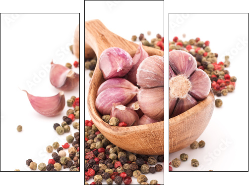 Garlic cloves in wooden bowl isolated on white background - Three-piece canvas print, Triptych