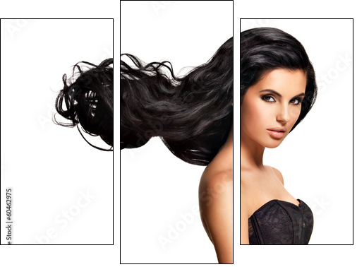 Beautiful brunette woman with long black  hair - Three-piece canvas print, Triptych