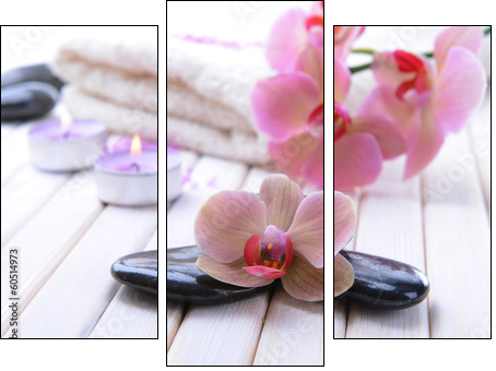 Still life with beautiful blooming orchid flower, towel and spa - Three-piece canvas print, Triptych