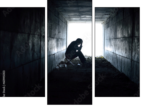 depressed man sitting in the tunnel - Three-piece canvas print, Triptych