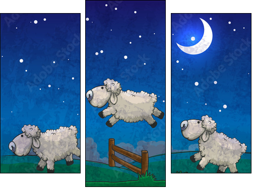 Three sheep  jumping over the fence. Count them to sleep. - Three-piece canvas print, Triptych