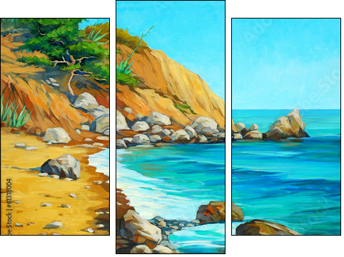 landscape of mediterranean sea with a beach and  bay, painting b - Three-piece canvas print, Triptych
