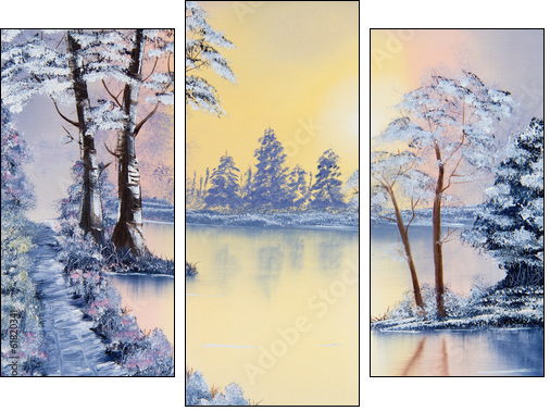 Painting of a pond in Winter - Three-piece canvas print, Triptych