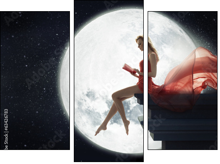 Cute woman over full moon background - Three-piece canvas print, Triptych