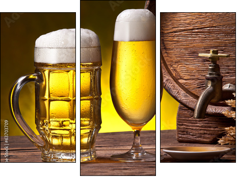 Beer glasses, old oak barrel and wheat ears. - Three-piece canvas print, Triptych