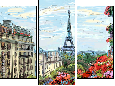 Street in paris - illustration - Three-piece canvas print, Triptych