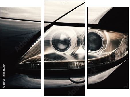Closeup headlights of car. - Three-piece canvas print, Triptych