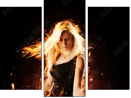 Burning girl with flaming guitar on black background - Three-piece canvas print, Triptych