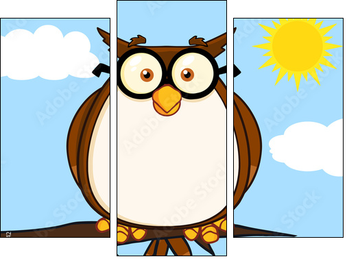 Wise Owl On Tree Cartoon Character - Three-piece canvas print, Triptych