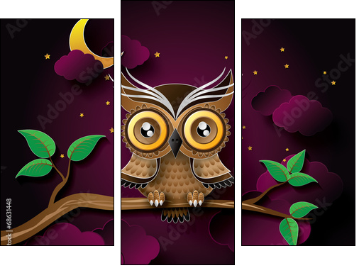 vector of owl and moon. - Three-piece canvas print, Triptych