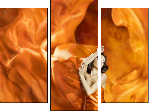 Woman dancing silk dress fire flame artistic orange portrait - Three-piece canvas print, Triptych
