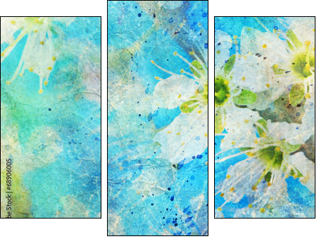 messy watercolor splatter and blooming spring twig - Three-piece canvas print, Triptych