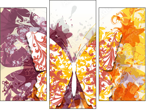 Grunge art background with butterfly made from swirls and ink sp - Three-piece canvas print, Triptych