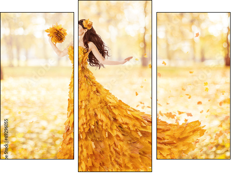 Autumn woman in fashion dress of fall maple leaves, artistic - Three-piece canvas print, Triptych