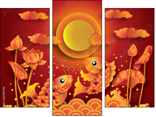 Golden koi fish with fullmoon - Three-piece canvas print, Triptych