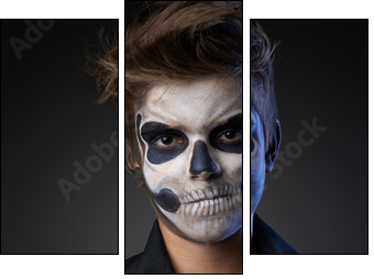 Teen with make-up of skull in black cloak unhappy - Three-piece canvas print, Triptych