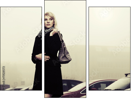 Young fashion woman with handbag on the foggy city street - Three-piece canvas print, Triptych
