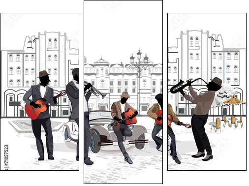 Series of street views with musicians - Three-piece canvas print, Triptych