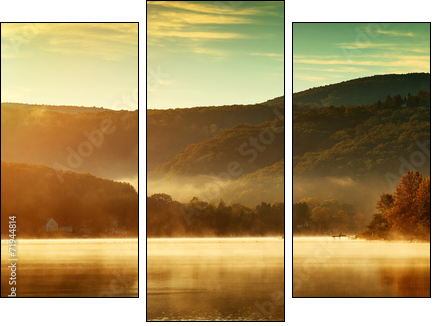 Beautiful autumn landscape, the lake in the morning fog - Three-piece canvas print, Triptych