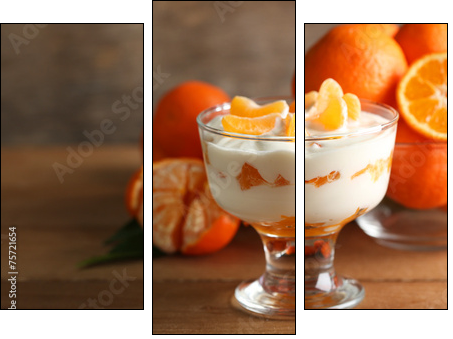 Tasty milk dessert with fresh tangerine pieces in glass bowl, - Three-piece canvas print, Triptych