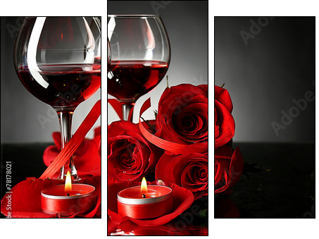 Composition with red wine in glasses, red rose and decorative - Three-piece canvas print, Triptych