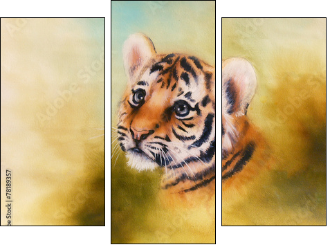 adorable baby tiger head looking out from a green  surroundings - Three-piece canvas print, Triptych