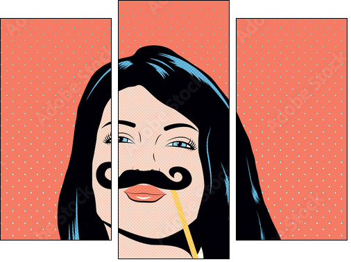 Pop art illustration with girl holding mustache mask. - Three-piece canvas print, Triptych