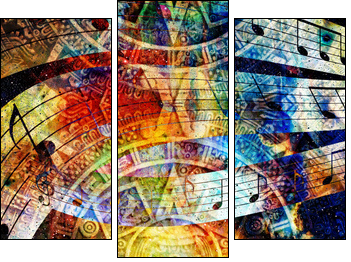 Ancient Mayan Calendar and  Music note, Cosmic space with stars, abstract color Background, computer collage. circular view on space. - Three-piece canvas print, Triptych