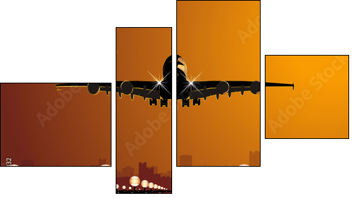 Vector airliner landing at sunset - Four-piece canvas print, Fortyk