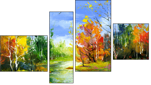 Autumn landscape with the wood river - Four-piece canvas print, Fortyk