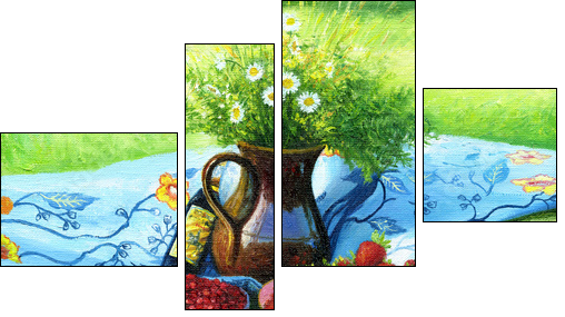 Still-life with camomiles and a strawberry - Four-piece canvas print, Fortyk