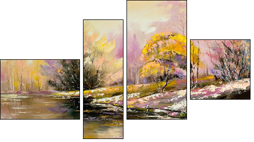 Autumn landscape with snow and the river - Four-piece canvas print, Fortyk