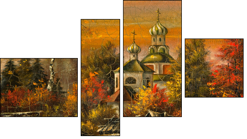 Ancient picture. Church in village - Four-piece canvas print, Fortyk