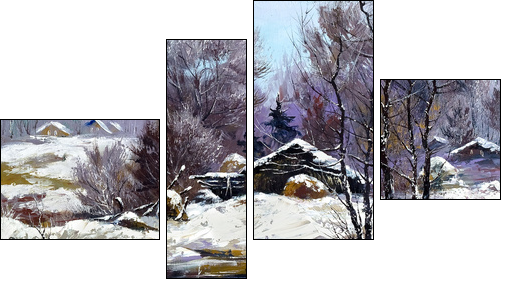 Small house in winter village - Four-piece canvas print, Fortyk