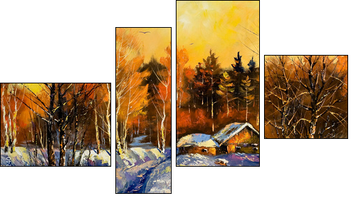 Evening in winter village - Four-piece canvas print, Fortyk