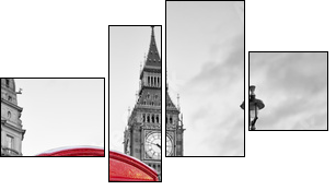 Red phone booth in London with the Big Ben in black and white - Four-piece canvas print, Fortyk