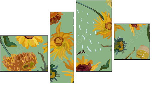 Sunflower flowers on a background of sea green. Vector illustration based on the painting of Van Gogh. - Four-piece canvas print, Fortyk