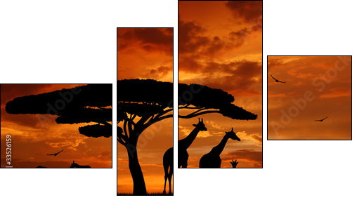 herd of giraffes in the setting sun - Four-piece canvas print, Fortyk