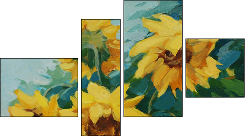 field with sunflowers drawn on a canvas oil,  illustration, pain - Four-piece canvas print, Fortyk