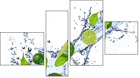 Limes falling in water splash, isolated on white background - Four-piece canvas print, Fortyk