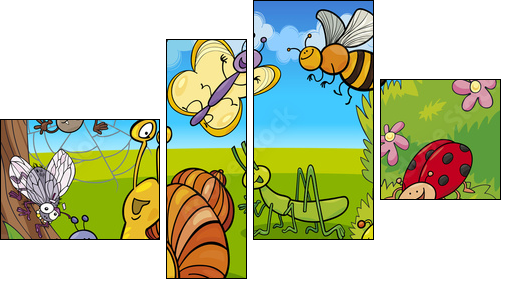 cartoon insects on the meadow - Four-piece canvas print, Fortyk