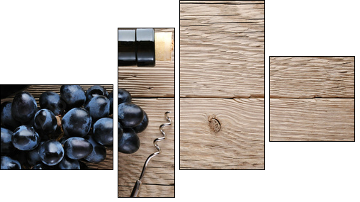 Bottle of wine, corkscrew and grape on wooden background - Four-piece canvas print, Fortyk