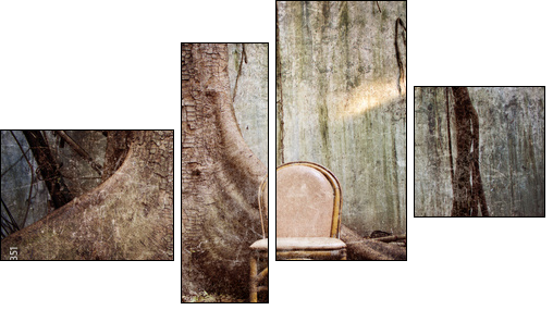 the tree, the old chair and the ruined wall - Grunge textured - Four-piece canvas print, Fortyk