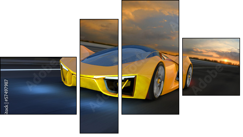 A yellow Future Fantasy Car on a Racing Track - Four-piece canvas print, Fortyk