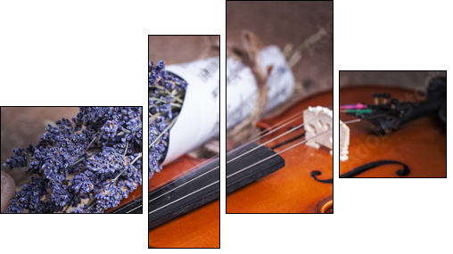 Vintage composition with violin and lavender - Four-piece canvas print, Fortyk