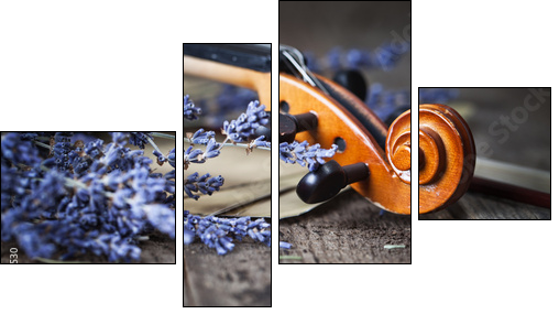 Vintage composition with violin and lavender - Four-piece canvas print, Fortyk
