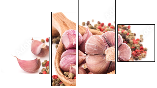 Garlic cloves in wooden bowl isolated on white background - Four-piece canvas print, Fortyk